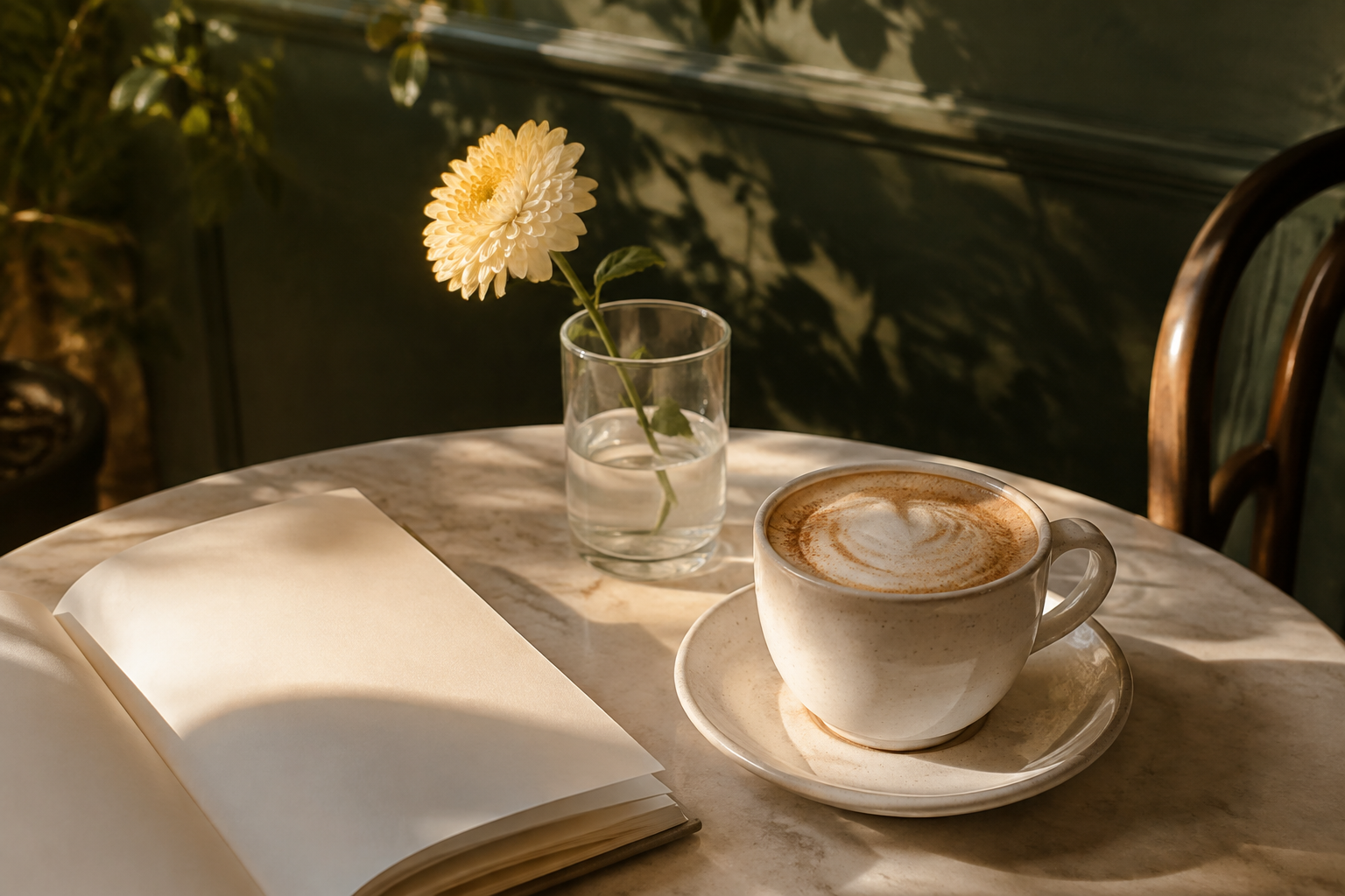 A cappuccino, open book, and flower on a sunlit café table